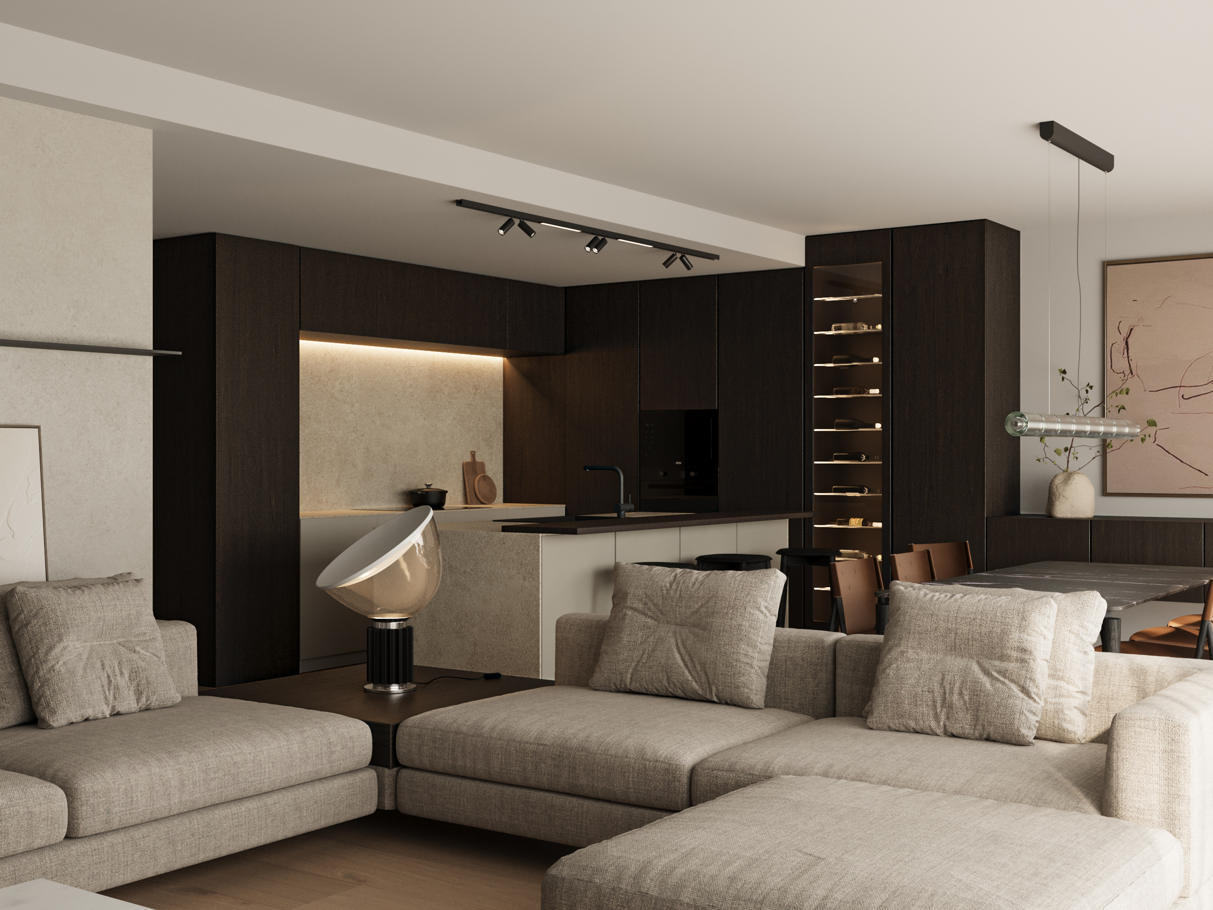 Interior render — living and dining space